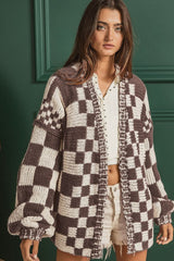 Checkered Open Front Long Sleeve Cardigan - Trendsi