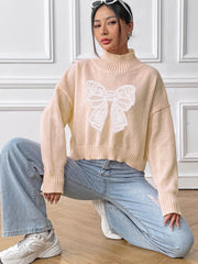 Bow Turtleneck Long Sleeve Sweater - Trendsi