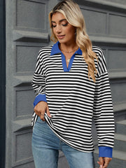 Striped Johnny Collar Long Sleeve Sweatshirt