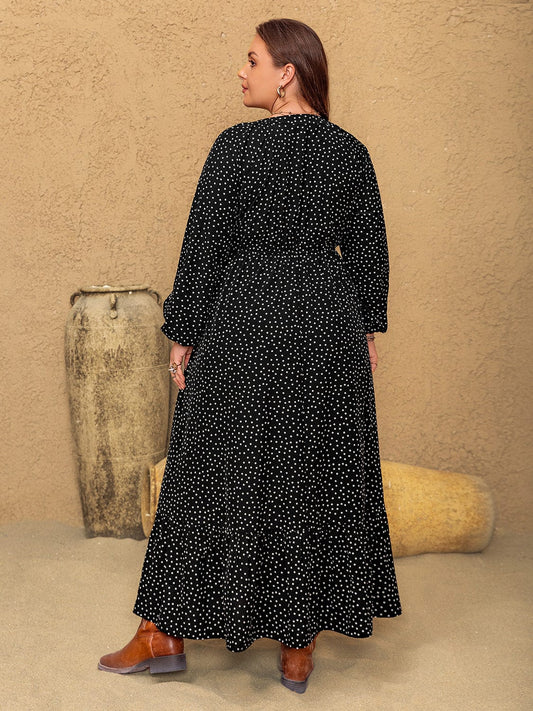 Plus Size Embroidered Polka Dot Notched Long Sleeve Dress - Trendsi