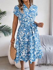 Printed V-Neck Short Sleeve Dress Trendsi