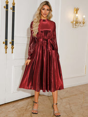 Tie Waist Long Sleeve Midi Dress - Trendsi