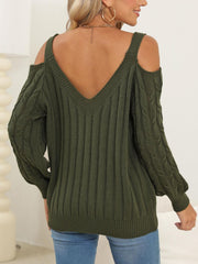 Cable-Knit Heart V-Neck Sweater - Trendsi