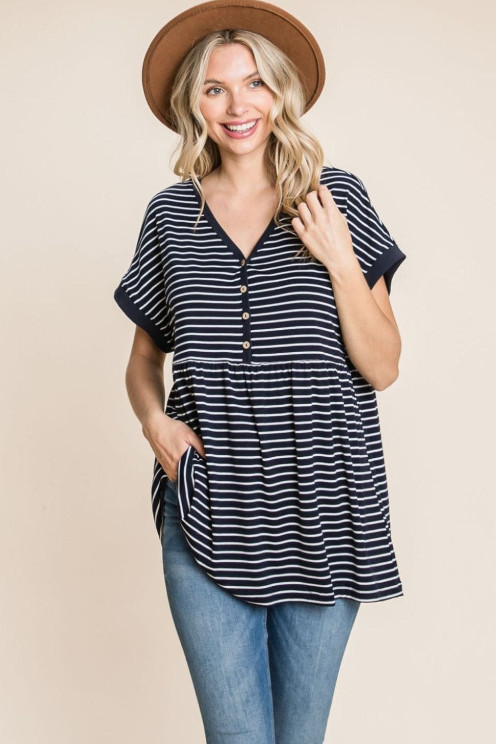 Cotton Bleu by Nu Label Striped Button Front Baby Doll Top - Trendsi