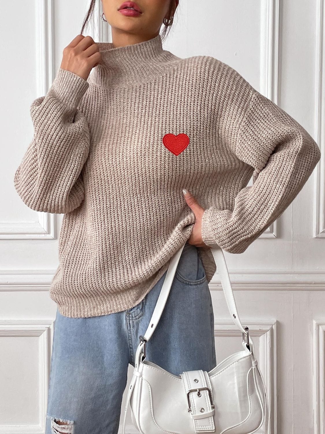 Heart Turtleneck Dropped Shoulder Long Sleeve Sweater - Trendsi