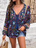 Printed Tie Neck Long Sleeve Blouse - Flyclothing LLC