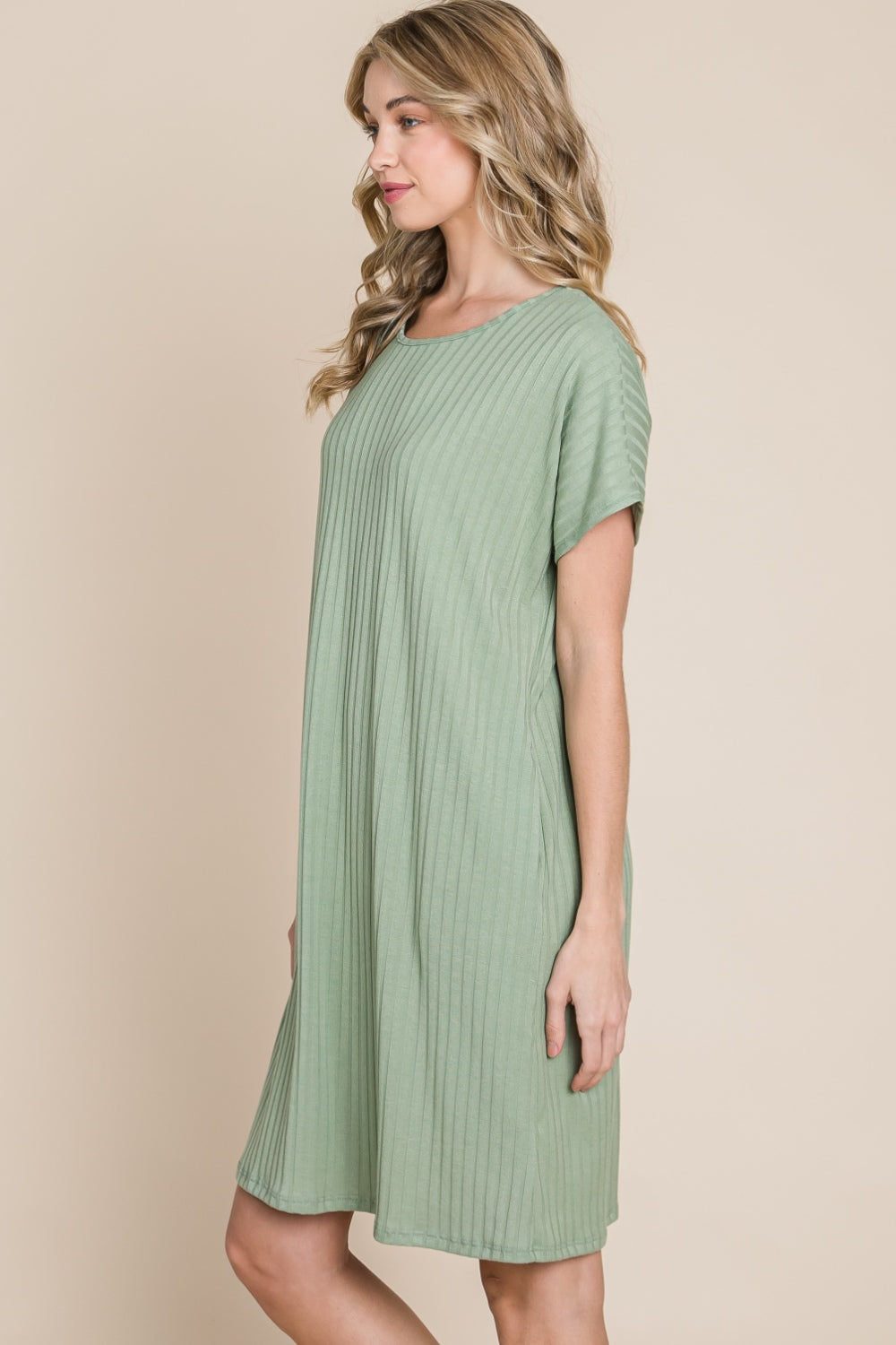 BOMBOM Ribbed Round Neck Short Sleeve Dress - Flyclothing LLC