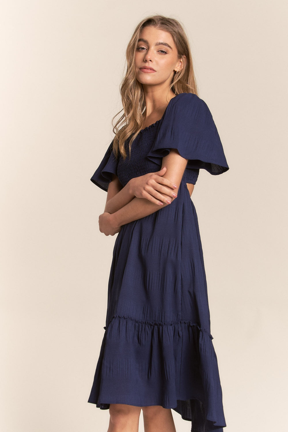 J.NNA Smocked Bow Back Ruffle Hem Dress - Flyclothing LLC