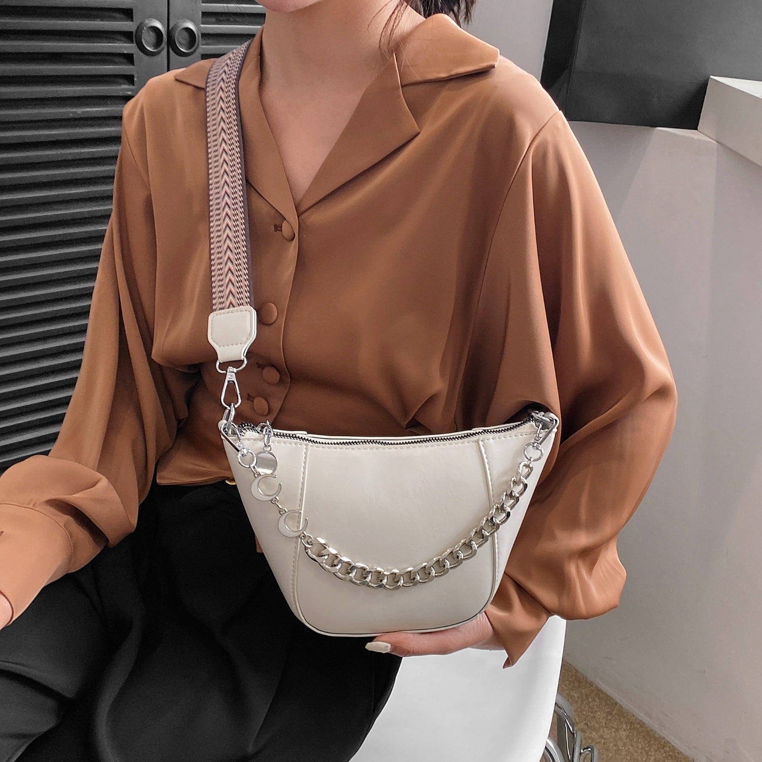 PU Leather Chain Trim Crossbody Bag - Trendsi