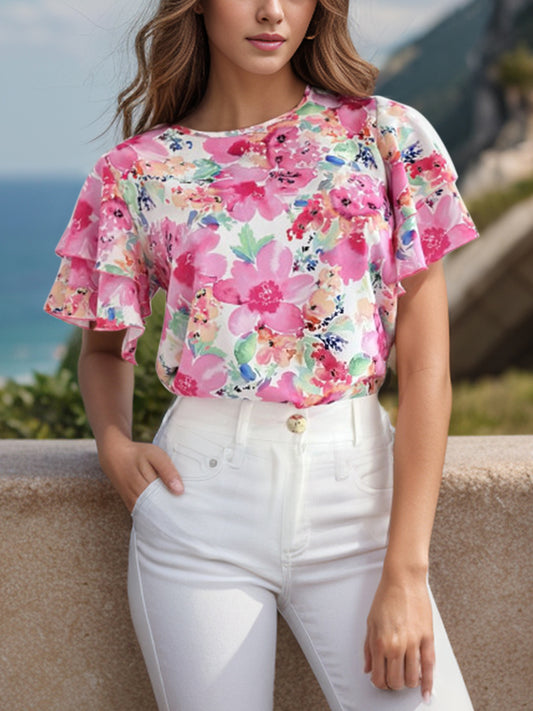 Floral Round Neck Flutter Sleeve Blouse Trendsi