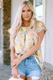 Printed Round Neck Cap Sleeve Blouse - Flyclothing LLC