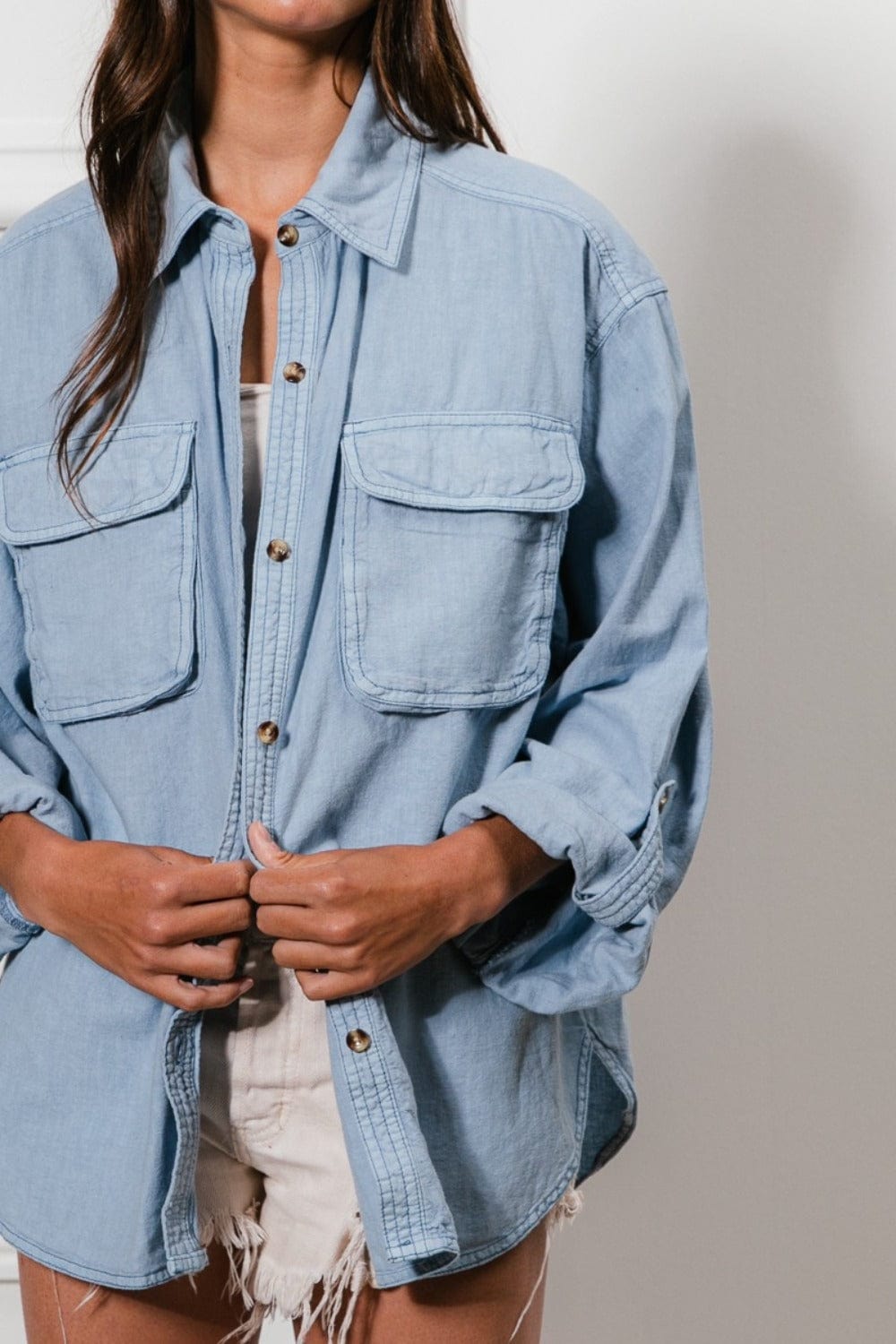 BiBi Button Down Stitch Detail Shirt with Chest Pockets - Trendsi