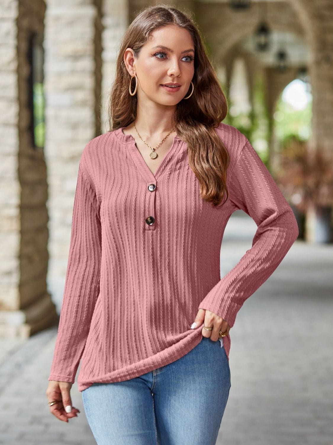 Mandy Notched Long Sleeve T-Shirt - Trendsi