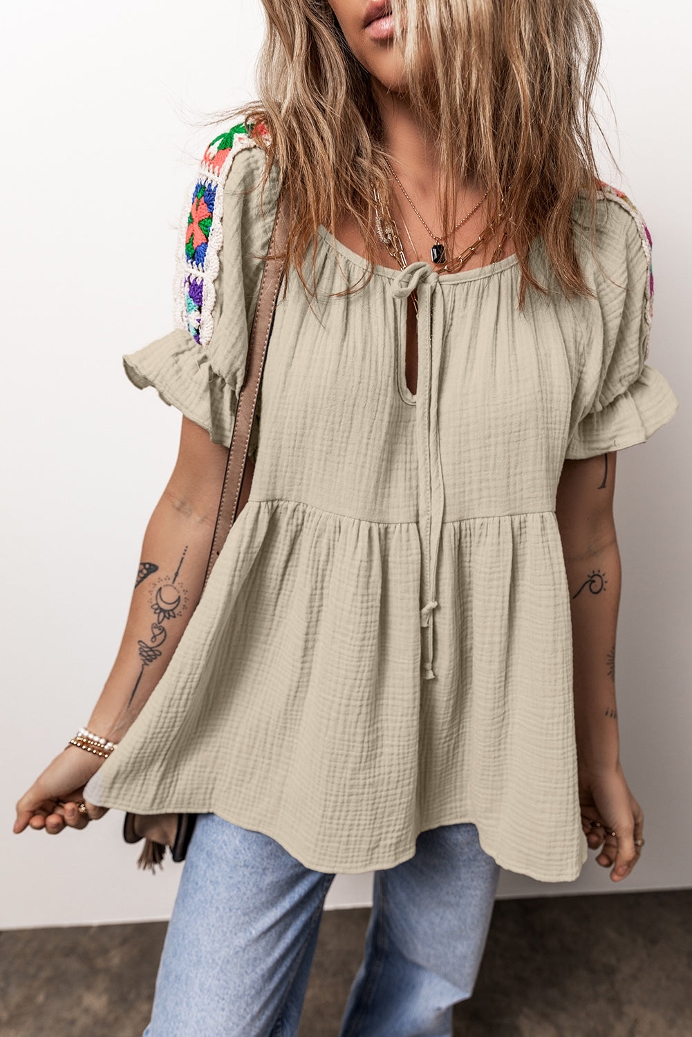 Embroidered Tie Neck Short Sleeve Blouse Trendsi