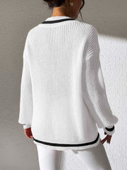 Contrast Trim V-Neck Long Sleeve Sweater - Trendsi