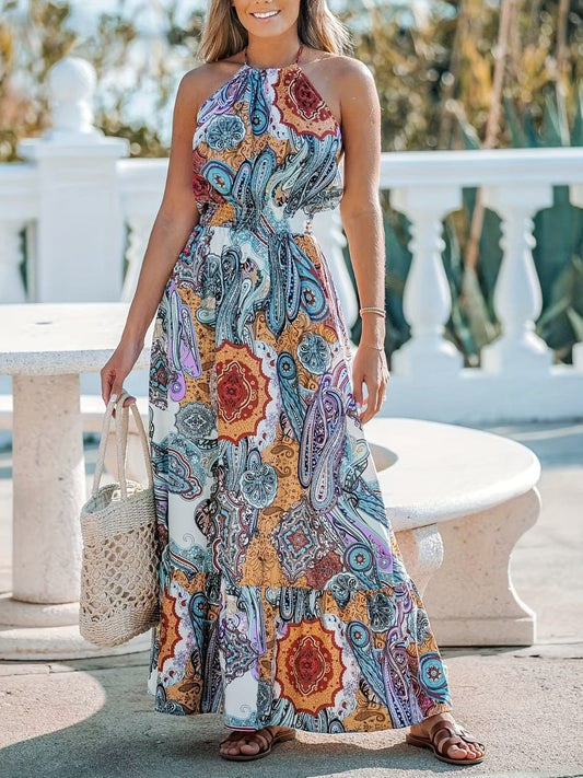 Printed Halter Neck Maxi Dress - Trendsi