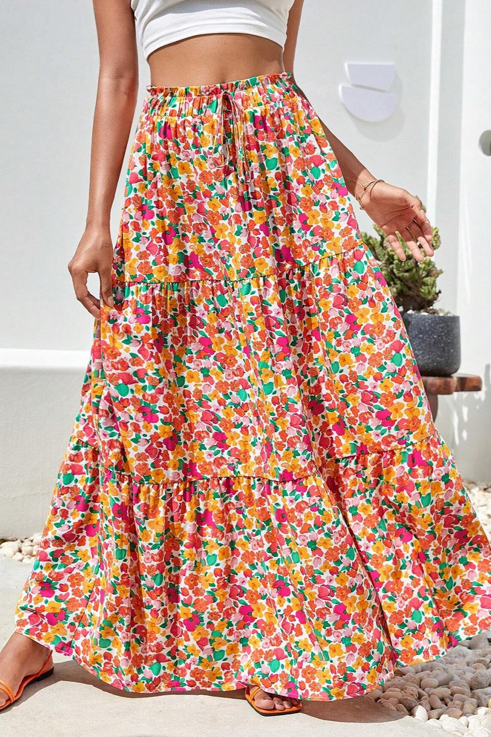 Printed Elastic Waist Maxi Skirt Trendsi