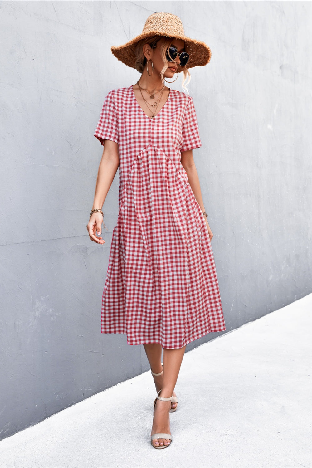 Plaid V-Neck Short Sleeve Dress Trendsi