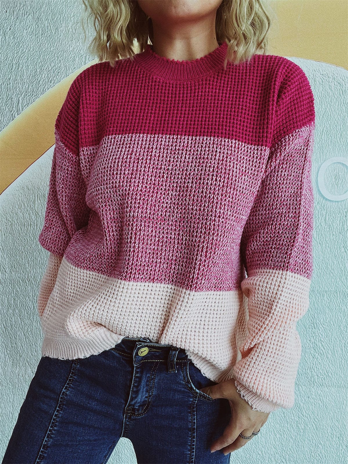 Color Block Long Sleeve Sweater - Trendsi