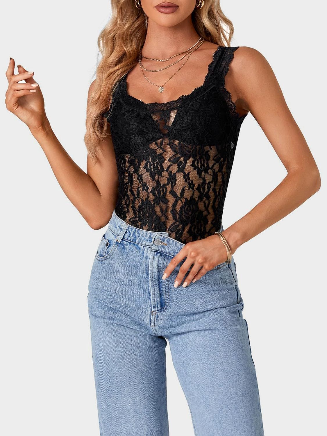 Lace Scoop Neck Tank - Trendsi