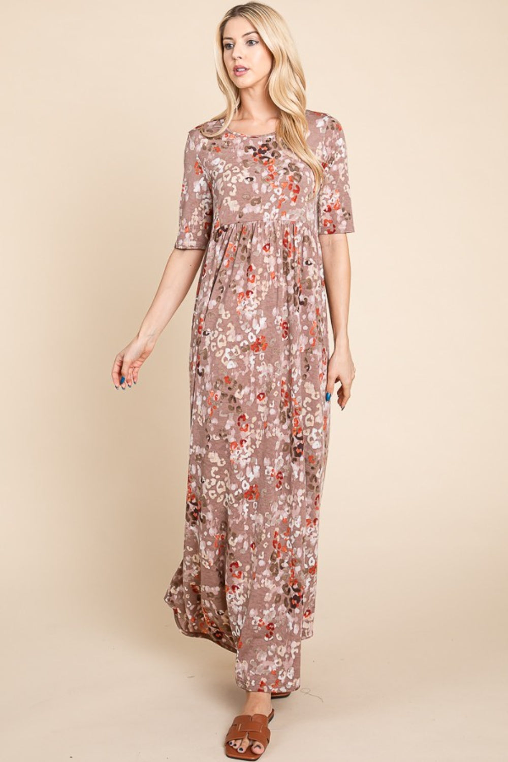 BOMBOM Printed Shirred Maxi Dress - Trendsi