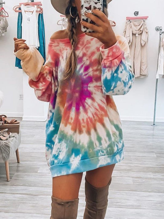 Full Size Tie-Dye Round Neck Long Sleeve Dress - Trendsi