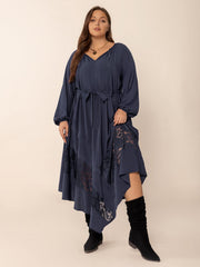 Plus Size Lace Detail Tie Neck Long Sleeve Midi Dress - Trendsi