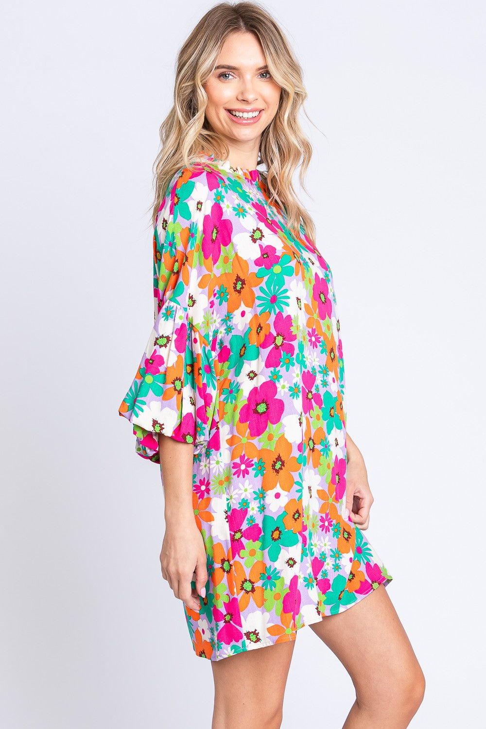 GeeGee Full Size Floral Round Neck Lantern Sleeve Mini Dress - Flyclothing LLC