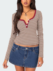 Buttoned Striped Long Sleeve T-Shirt - Trendsi