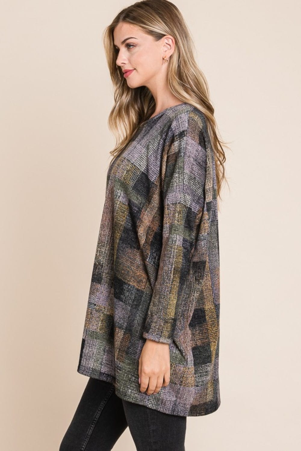 BOMBOM Plaid Round Neck Long Sleeve Top - Trendsi