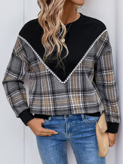 Perfee Plaid Round Neck Long Sleeve Sweatshirt