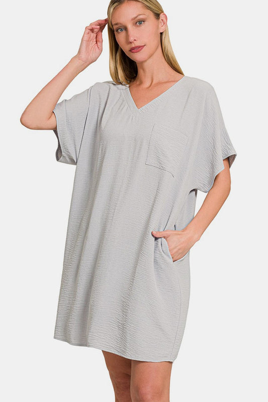 Zenana V-Neck Tee Dress with Pockets