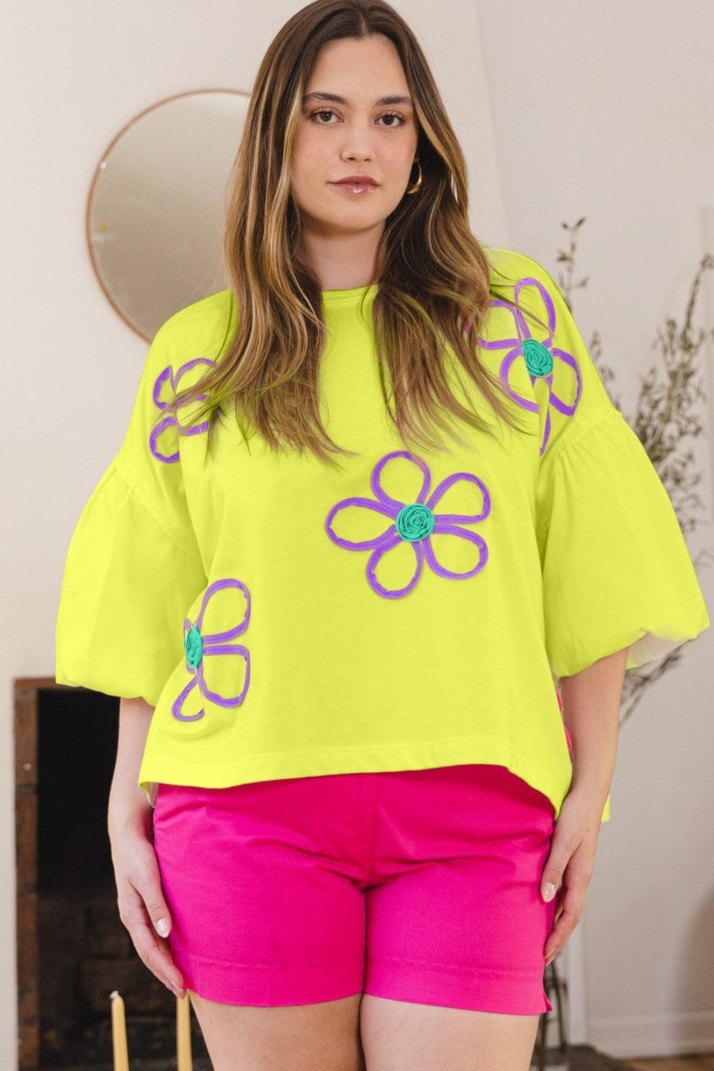 ODDI Full Size Flower Embroidery Detail T-Shirt - Trendsi