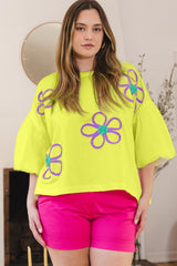 ODDI Full Size Flower Embroidery Detail T-Shirt - Trendsi