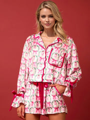 Tied Printed Collared Neck Long Sleeve Top and Shorts Set