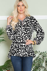 Celeste Full Size Leopard V-Neck Long Sleeve Blouse - Trendsi