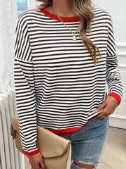 Striped Round Neck Dropped Shoulder Sweater