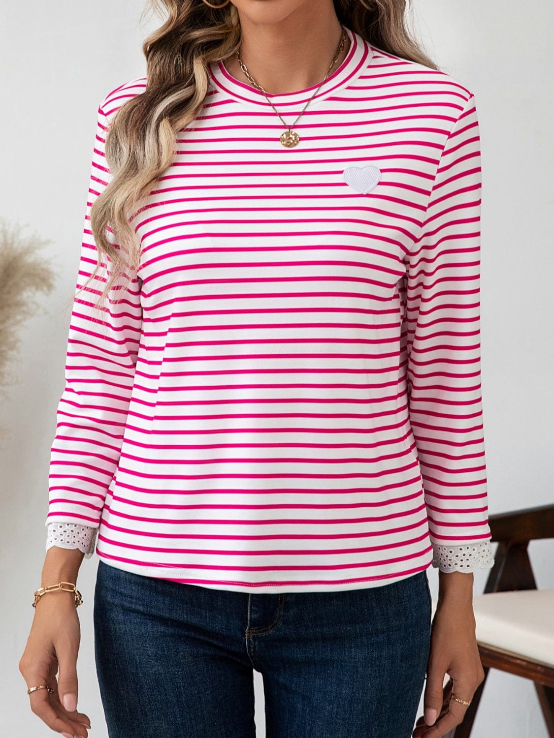 Heart Striped Round Neck Long Sleeve T-Shirt - Trendsi