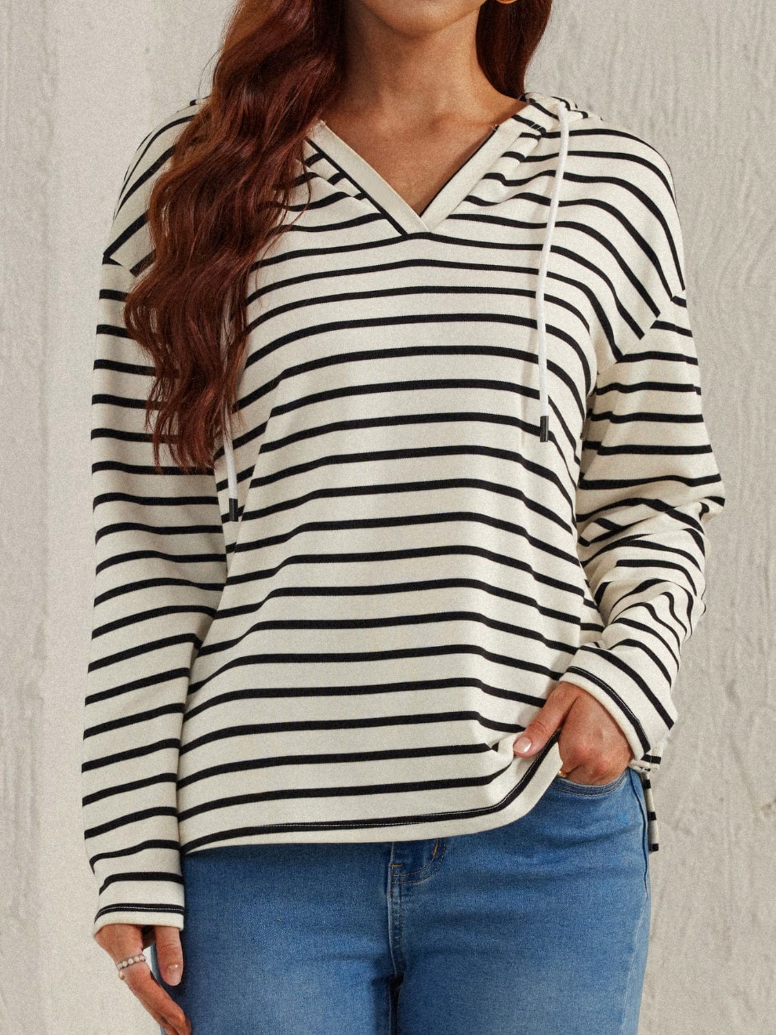 Drawstring Striped Long Sleeve Hoodie - Trendsi