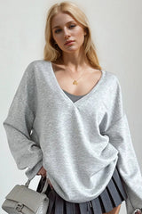 Basic Bae V-Neck Dropped Shoulder Long Sleeve Sweatshirt with Bra - Trendsi