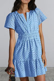 Eyelet Notched Short Sleeve Mini Dress - Trendsi