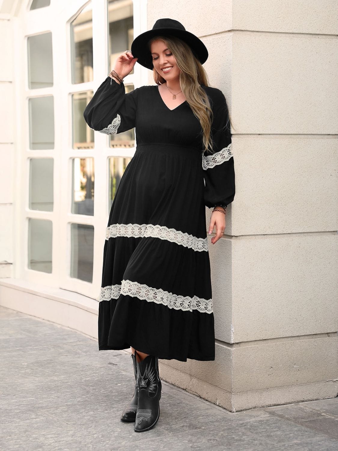 Plus Size Lace Detail V-Neck Long Sleeve Midi Dress - Trendsi