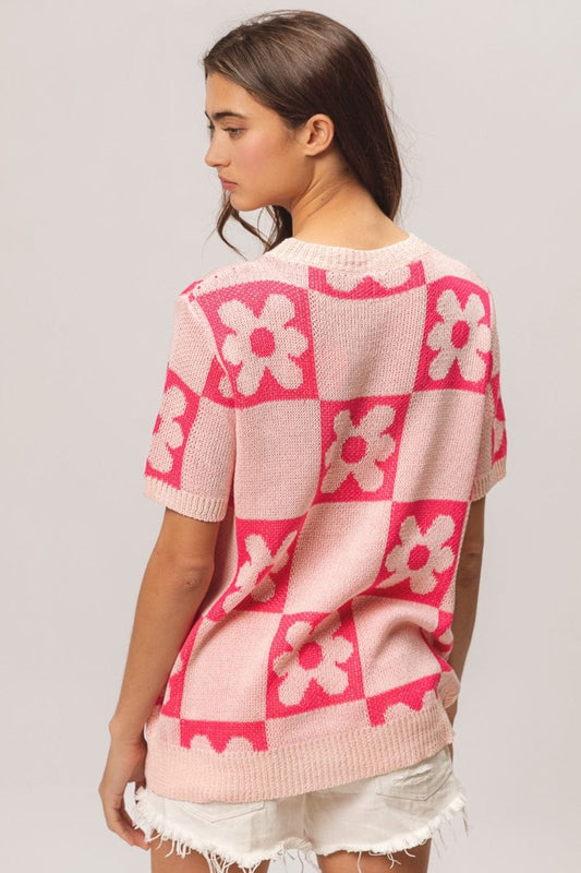 BiBi Flower Checker Pattern Short Sleeve Sweater - Trendsi