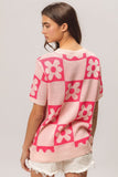 BiBi Flower Checker Pattern Short Sleeve Sweater - Trendsi