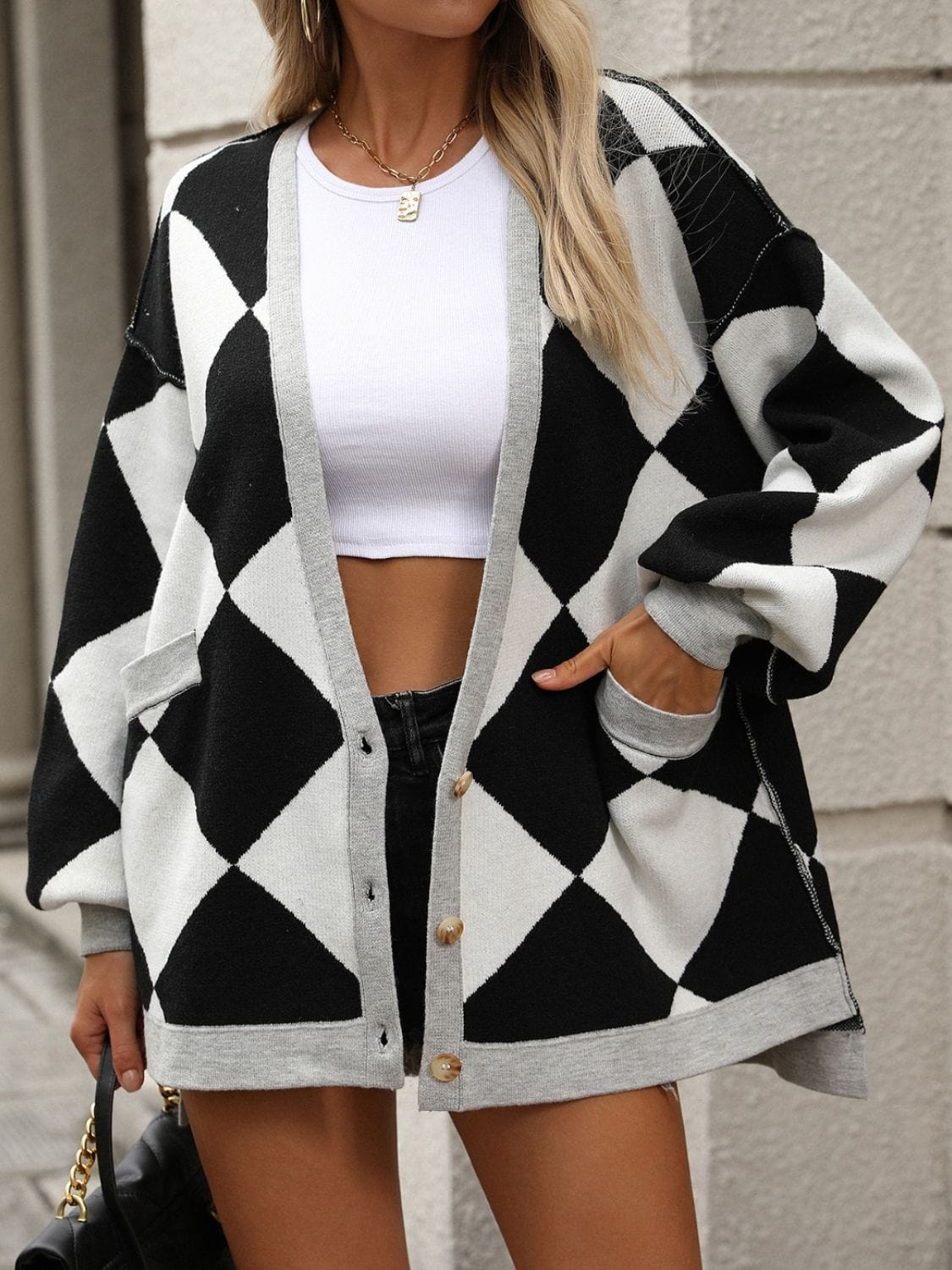 Checkered Dropped Shoulder Long Sleeve Cardigan - Trendsi