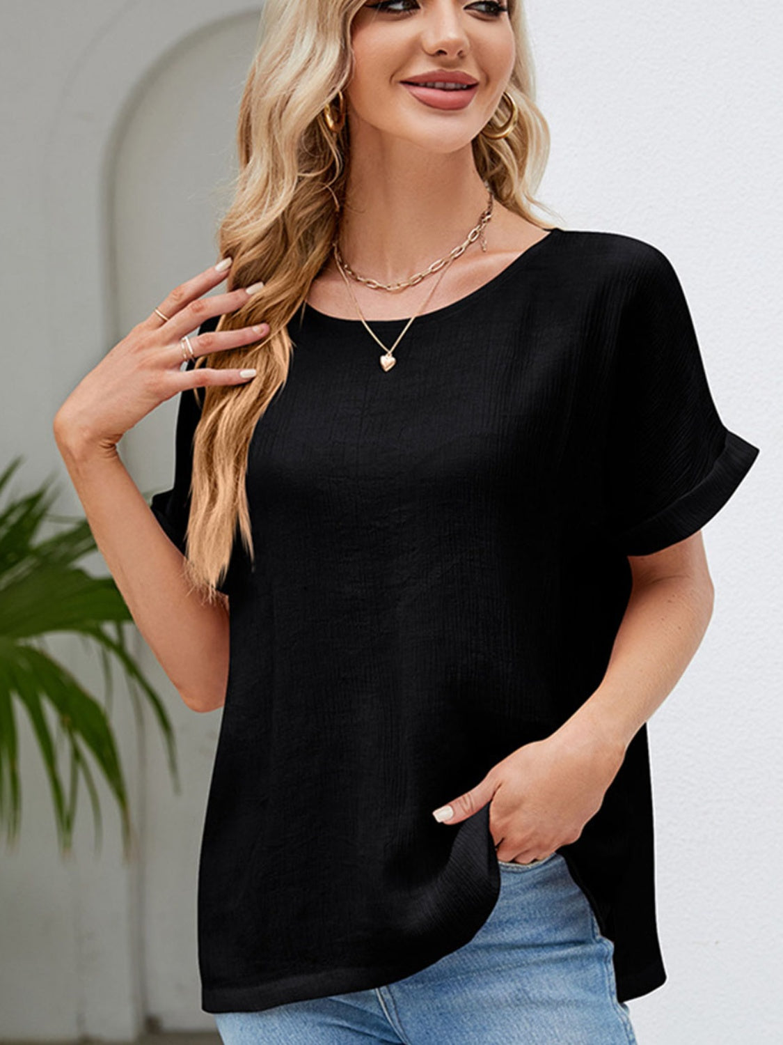 Round Neck Short Sleeve Blouse - Flyclothing LLC