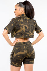 American Bazi Full Size Camouflage Short Sleeve Cropped Jacket - Trendsi