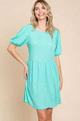 Culture Code Full Size Textured Round Neck Puff Sleeve Dress