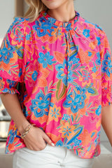 Printed Mock Neck Half Sleeve Blouse - Flyclothing LLC