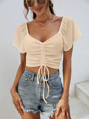 Drawstring Short Sleeve Crop Top - Trendsi